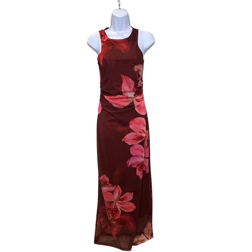 After Dark Hibiscus Ruched Mesh Maxi Dress